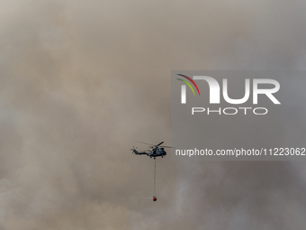 A helicopter is being seen through the thick smoke in Limassol, Cyprus, on May 9, 2024. A wildfire is breaking out at the Industrial Zone of...