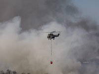 A helicopter is being seen through the thick smoke in Limassol, Cyprus, on May 9, 2024. A wildfire is breaking out at the Industrial Zone of...