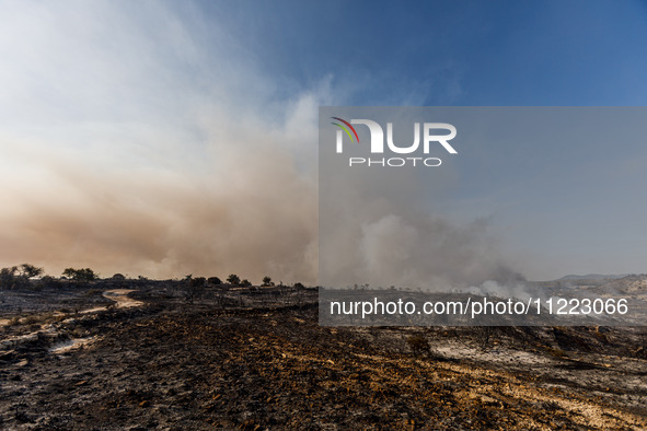 Smoke is rising over the burnt area in Limassol, Cyprus, on May 9, 2024. A wildfire is breaking out at the Industrial Zone of Ipsonas, a few...