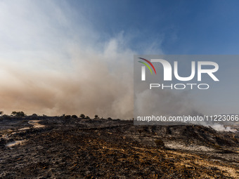 Smoke is rising over the burnt area in Limassol, Cyprus, on May 9, 2024. A wildfire is breaking out at the Industrial Zone of Ipsonas, a few...