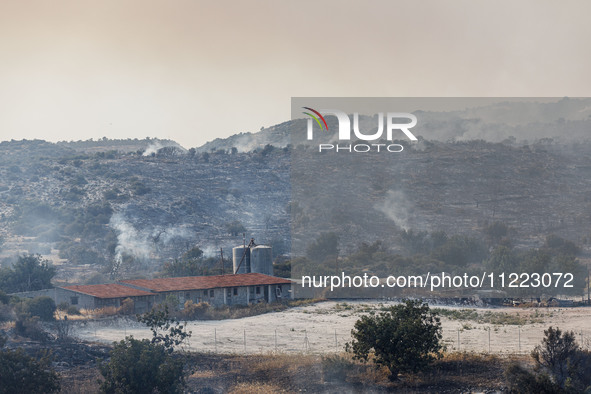 A fire is burning next to an industrial site in Limassol, Cyprus, on May 9, 2024. The wildfire, which broke out in the Industrial Zone of Ip...