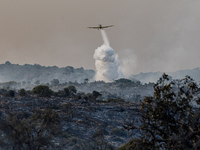 An airplane is operating during a fire in Limassol, Cyprus, on May 9, 2024. The wildfire, which broke out in the Industrial Zone of Ipsonas...