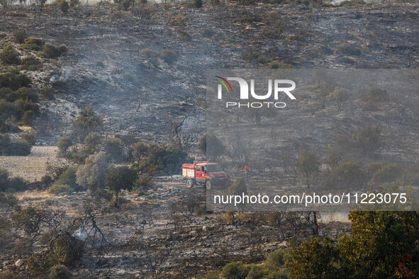 A fire truck is on site in Limassol, Cyprus, on May 9, 2024. A wildfire is burning at the Industrial Zone of Ipsonas, a few kilometers away...