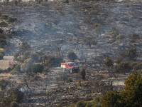 A fire truck is on site in Limassol, Cyprus, on May 9, 2024. A wildfire is burning at the Industrial Zone of Ipsonas, a few kilometers away...