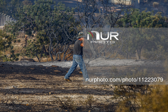 A volunteer is talking on his phone during a fire in Limassol, Cyprus, on May 9, 2024. The wildfire, which broke out in the Industrial Zone...