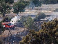 A fireman is putting out a small fire in Limassol, Cyprus, on May 9, 2024. The wildfire, which broke out in the Industrial Zone of Ipsonas a...