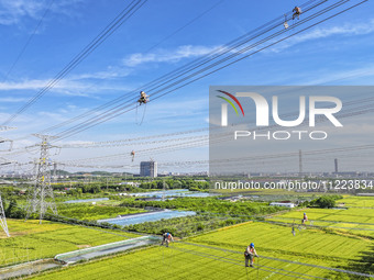 Construction workers are installing spacer rods at a high altitude at the site of a 500-kilovolt line renovation project in Wuxi, Jiangsu Pr...