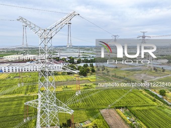 Construction workers are installing spacer rods at a high altitude at the site of a 500-kilovolt line renovation project in Wuxi, Jiangsu Pr...