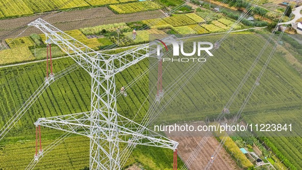 Construction workers are installing spacer rods at a high altitude at the site of a 500-kilovolt line renovation project in Wuxi, Jiangsu Pr...