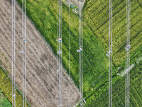 Construction workers are installing spacer rods at a high altitude at the site of a 500-kilovolt line renovation project in Wuxi, Jiangsu Pr...