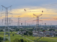 Construction workers are installing spacer rods at a high altitude at the site of a 500-kilovolt line renovation project in Wuxi, Jiangsu Pr...