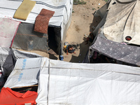 Tents housing internally displaced Palestinians are crowding the beach and the Mediterranean shoreline in Deir el-Balah in the central Gaza...