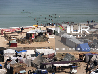 Tents housing internally displaced Palestinians are crowding the beach and the Mediterranean shoreline in Deir el-Balah in the central Gaza...