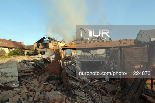 Smoke is rising over the ruins after a Russian missile attack in Kharkiv, northeastern Ukraine, on May 10, 2024. On the night of May 10, Rus...