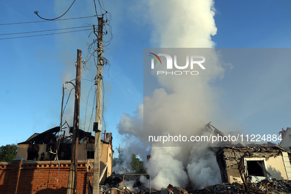 Smoke is rising over the ruins after a Russian missile attack in Kharkiv, northeastern Ukraine, on May 10, 2024. On the night of May 10, Rus...