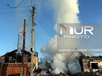 Smoke is rising over the ruins after a Russian missile attack in Kharkiv, northeastern Ukraine, on May 10, 2024. On the night of May 10, Rus...