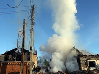 Smoke is rising over the ruins after a Russian missile attack in Kharkiv, northeastern Ukraine, on May 10, 2024. On the night of May 10, Rus...