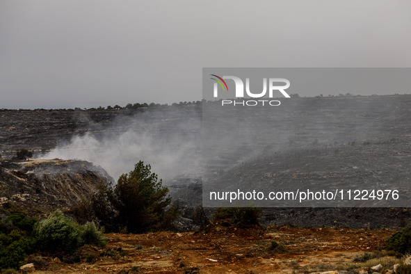 Smoke is rising as the fire continues to burn in Limassol, Cyprus, on May 10, 2024. The wildfire, which broke out yesterday, is burning most...