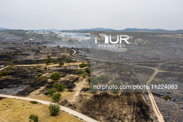 An aerial view shows the burned area in Limassol, Cyprus, on May 10, 2024. A wildfire is burning mostly wild vegetation over a six square ki...