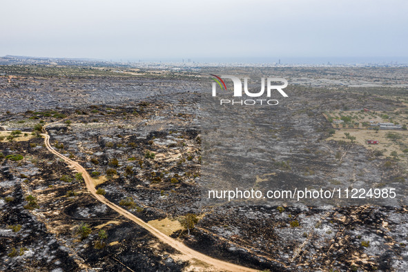 An aerial view shows the burned area in Limassol, Cyprus, on May 10, 2024. A wildfire is burning mostly wild vegetation over a six square ki...