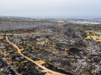 An aerial view shows the burned area in Limassol, Cyprus, on May 10, 2024. A wildfire is burning mostly wild vegetation over a six square ki...