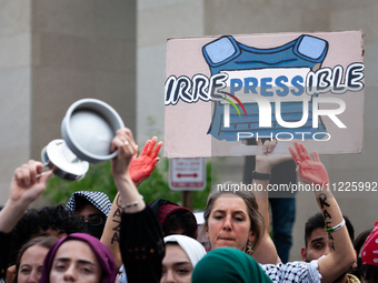 Hundreds of pro-Palestinian students and supporters rally at the site of their Gaza solidarity encampment the day after police cleared the c...