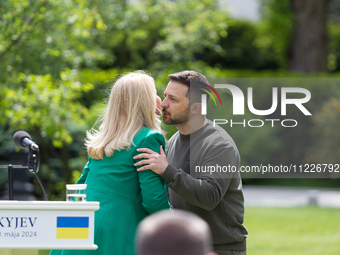 Presidents Volodymyr Zelenskyy of Ukraine and Zuzana Caputova of Slovakia are greeting each other during a joint briefing in Kyiv, Ukraine,...