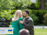 Presidents Volodymyr Zelenskyy of Ukraine and Zuzana Caputova of Slovakia are greeting each other during a joint briefing in Kyiv, Ukraine,...