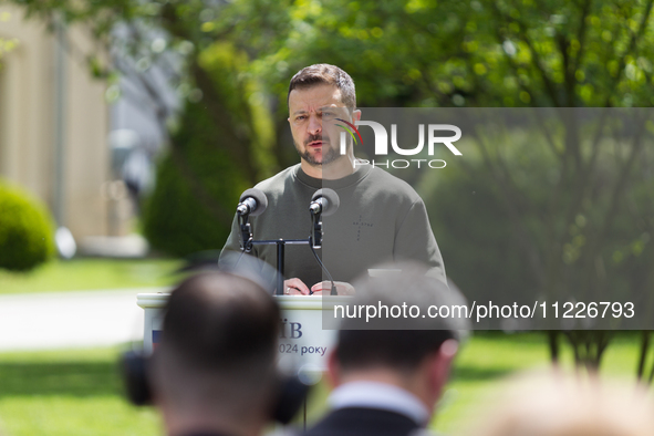 President Volodymyr Zelenskyy of Ukraine is speaking during a joint briefing with President Zuzana Caputova of Slovakia in Kyiv, Ukraine, on...