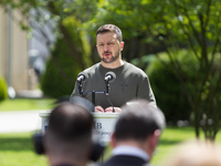 President Volodymyr Zelenskyy of Ukraine is speaking during a joint briefing with President Zuzana Caputova of Slovakia in Kyiv, Ukraine, on...