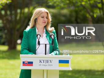 President of Slovakia Zuzana Caputova is participating in a joint briefing with President of Ukraine Volodymyr Zelenskyy in Kyiv, Ukraine, o...