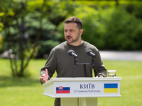 President Volodymyr Zelenskyy of Ukraine is speaking during a joint briefing with President Zuzana Caputova of Slovakia in Kyiv, Ukraine, on...