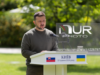 President Volodymyr Zelenskyy of Ukraine is speaking during a joint briefing with President Zuzana Caputova of Slovakia in Kyiv, Ukraine, on...