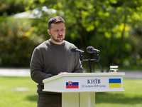 President Volodymyr Zelenskyy of Ukraine is speaking during a joint briefing with President Zuzana Caputova of Slovakia in Kyiv, Ukraine, on...