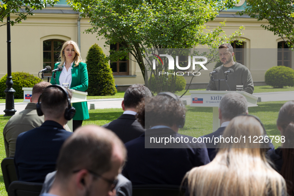 Presidents Volodymyr Zelenskyy of Ukraine and Zuzana Caputova of Slovakia are holding a joint briefing in Kyiv, Ukraine, on May 10, 2024. 