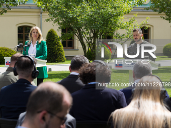 Presidents Volodymyr Zelenskyy of Ukraine and Zuzana Caputova of Slovakia are holding a joint briefing in Kyiv, Ukraine, on May 10, 2024. (