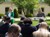 Presidents Volodymyr Zelenskyy of Ukraine and Zuzana Caputova of Slovakia are holding a joint briefing in Kyiv, Ukraine, on May 10, 2024. (