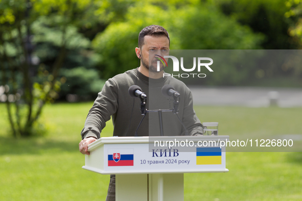 President Volodymyr Zelenskyy of Ukraine is participating in a joint briefing with President Zuzana Caputova of Slovakia in Kyiv, Ukraine, o...