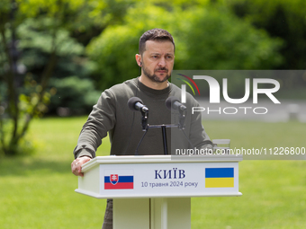 President Volodymyr Zelenskyy of Ukraine is participating in a joint briefing with President Zuzana Caputova of Slovakia in Kyiv, Ukraine, o...