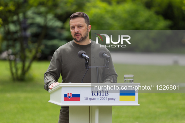 President Volodymyr Zelenskyy of Ukraine is participating in a joint briefing with President Zuzana Caputova of Slovakia in Kyiv, Ukraine, o...