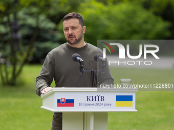 President Volodymyr Zelenskyy of Ukraine is participating in a joint briefing with President Zuzana Caputova of Slovakia in Kyiv, Ukraine, o...