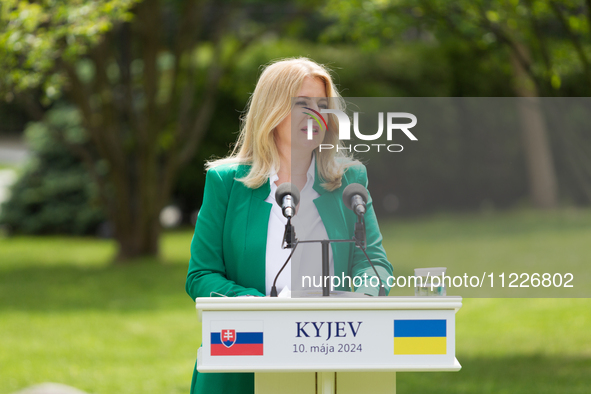 President of Slovakia Zuzana Caputova is participating in a joint briefing with President of Ukraine Volodymyr Zelenskyy in Kyiv, Ukraine, o...