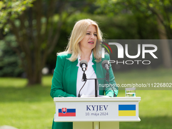 President of Slovakia Zuzana Caputova is participating in a joint briefing with President of Ukraine Volodymyr Zelenskyy in Kyiv, Ukraine, o...