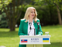 President of Slovakia Zuzana Caputova is participating in a joint briefing with President of Ukraine Volodymyr Zelenskyy in Kyiv, Ukraine, o...