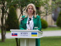 President of Slovakia Zuzana Caputova is speaking during a joint briefing with President of Ukraine Volodymyr Zelenskyy in Kyiv, Ukraine, on...