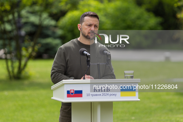 President Volodymyr Zelenskyy of Ukraine is participating in a joint briefing with President Zuzana Caputova of Slovakia in Kyiv, Ukraine, o...