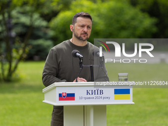 President Volodymyr Zelenskyy of Ukraine is participating in a joint briefing with President Zuzana Caputova of Slovakia in Kyiv, Ukraine, o...