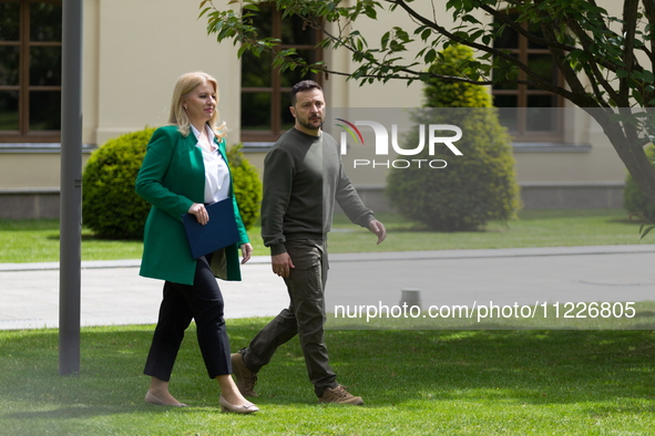 Presidents Volodymyr Zelenskyy of Ukraine and Zuzana Caputova of Slovakia are being seen before a joint briefing in Kyiv, Ukraine, on May 10...