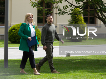 Presidents Volodymyr Zelenskyy of Ukraine and Zuzana Caputova of Slovakia are being seen before a joint briefing in Kyiv, Ukraine, on May 10...