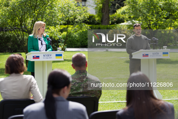 Presidents Volodymyr Zelenskyy of Ukraine and Zuzana Caputova of Slovakia are holding a joint briefing in Kyiv, Ukraine, on May 10, 2024. 